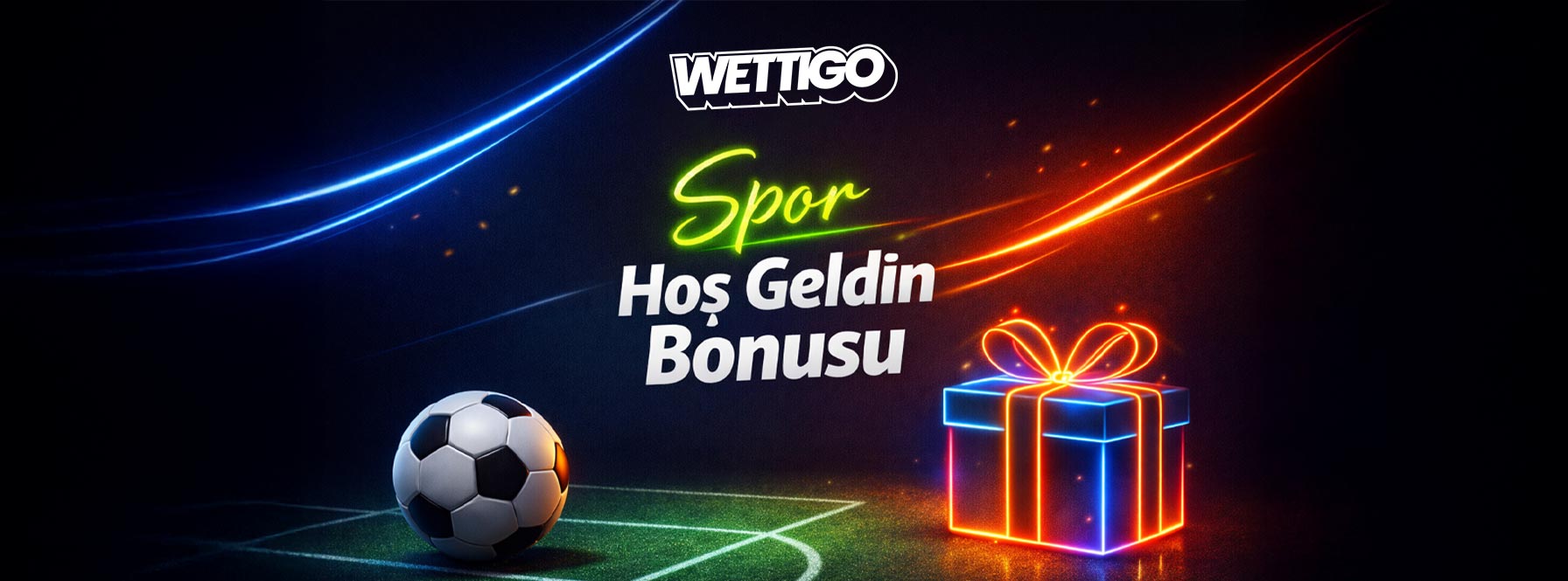 Spor için hoş geldin bonusunu temsil eden, futbol topu ve hediye kutusunun yer aldığı neon efektli görsel